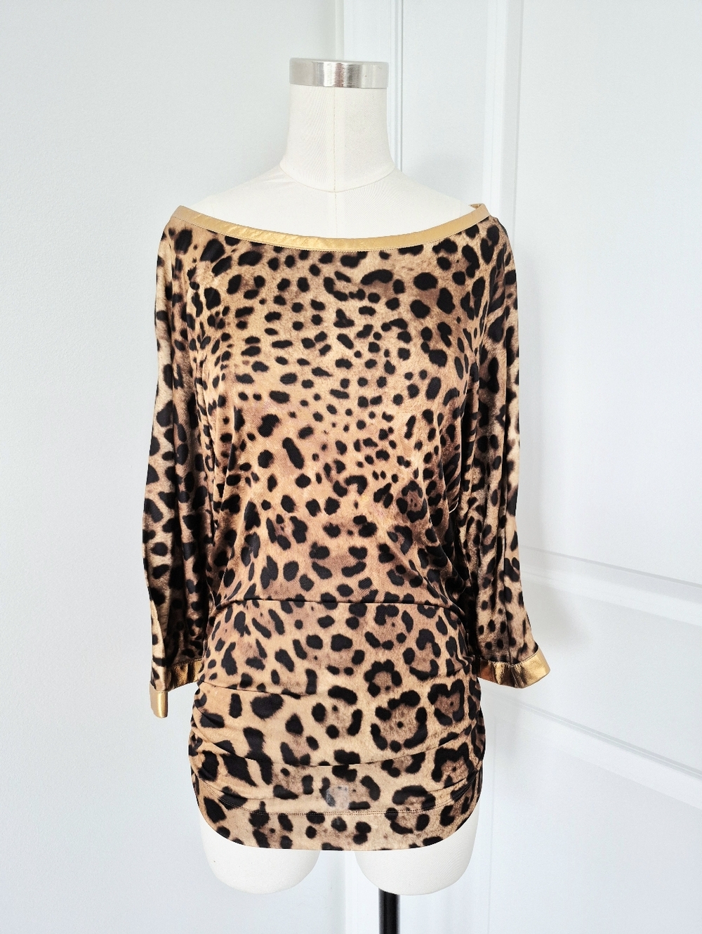 Vtg 90s D&G Leopard Rose Gold Leather Trim 3/4 Flared Slv Tunic Top Luxury Retro - Picture 2 of 11